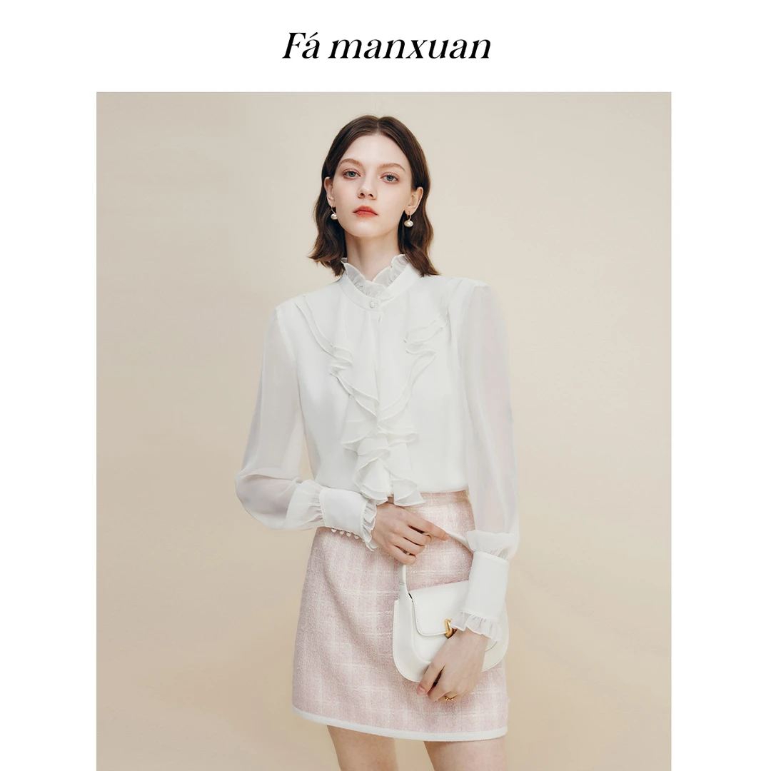 【达人专属】法曼萱宫廷风木耳立领衬衫女2025秋上衣
