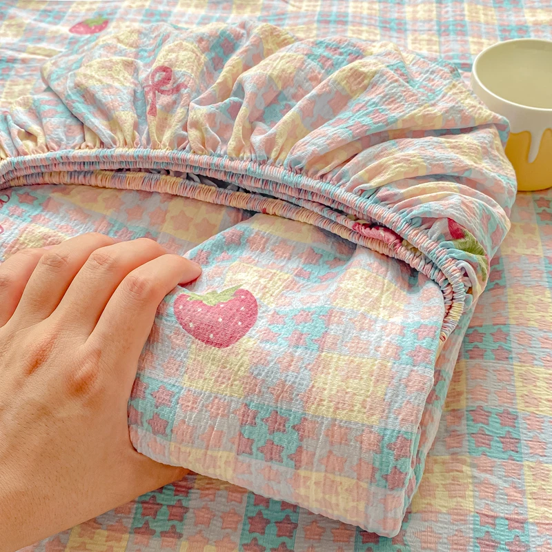 2025新款双层皱皱纱床笠罩亲肤非全棉纯棉床单儿童宿舍床垫保护罩