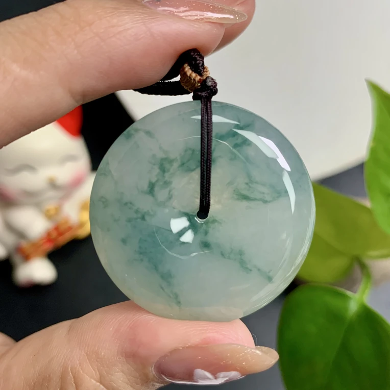 天然缅甸翡翠a货意境冰飘花大平安扣带礼盒证书裸石32.5*6.2mm