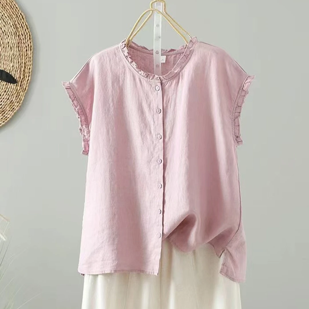 夏季木耳花边小飞袖亚麻衬衫简约百搭包肩圆领纯色无袖小衬衣Q28
