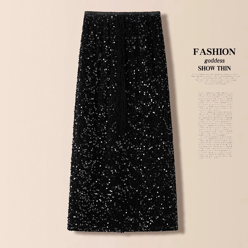 拉夏贝尔高腰半身裙女2025秋冬新款轻奢风时尚亮片显瘦休闲直筒裙