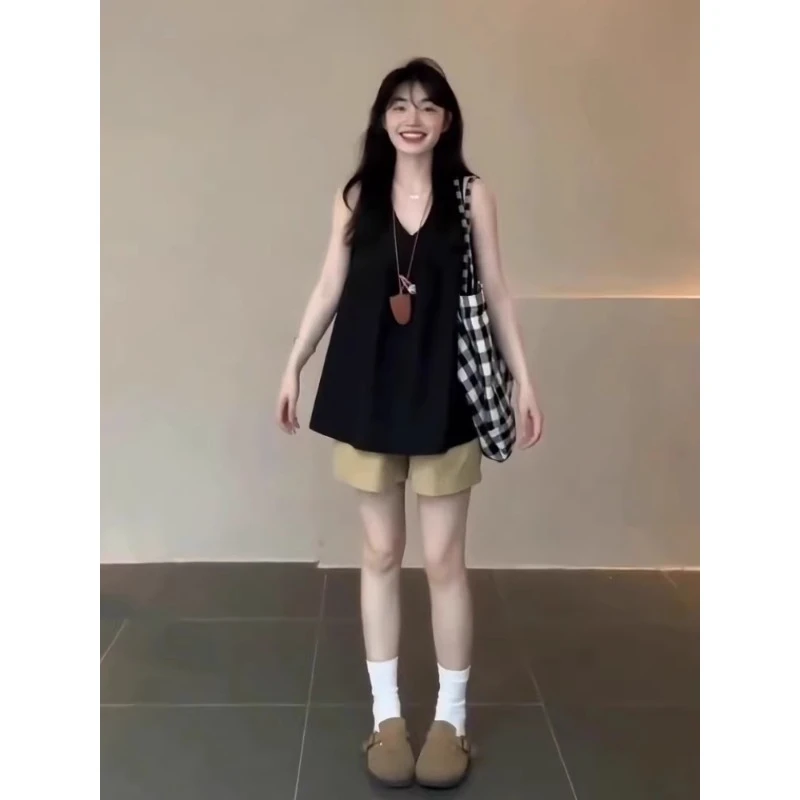 黑色V领无袖宽松背心上衣女夏季卡其色短裤休闲阔腿裤韩系两件套