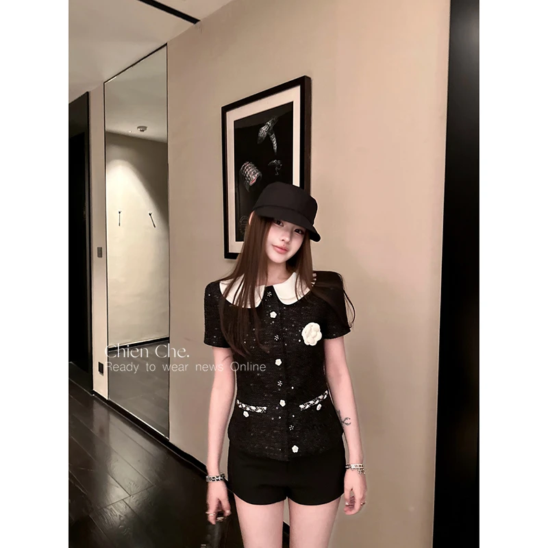 车迟恩Chien“奥黛丽小香”重工珠片/点钻 可拆卸娃娃领上衣外套