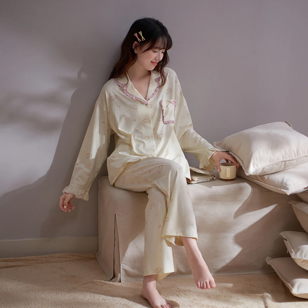 思莉太太春秋睡衣女款2025新款莫代尔棉甜美花边可爱舒适少女套装