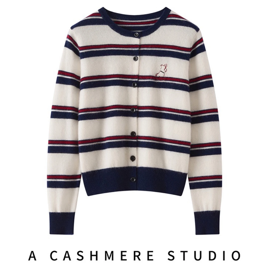 BO-6044已开价 女士羊绒刺绣小狗开杉圆领长袖上衣条纹针织衫外套