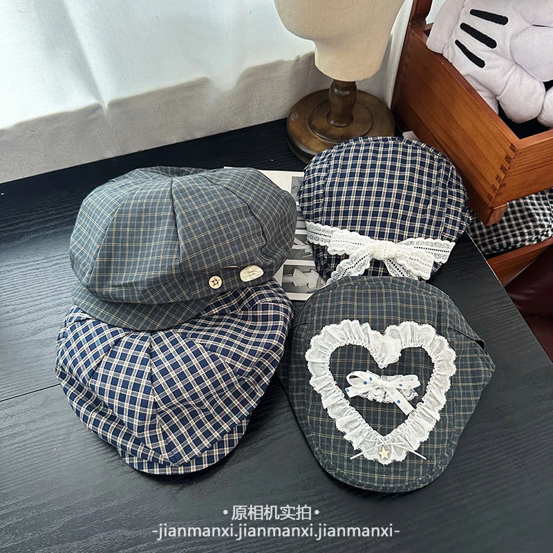 早秋新款格纹气质前进帽女日系显脸小报童帽甜美反戴贝雷帽八角帽