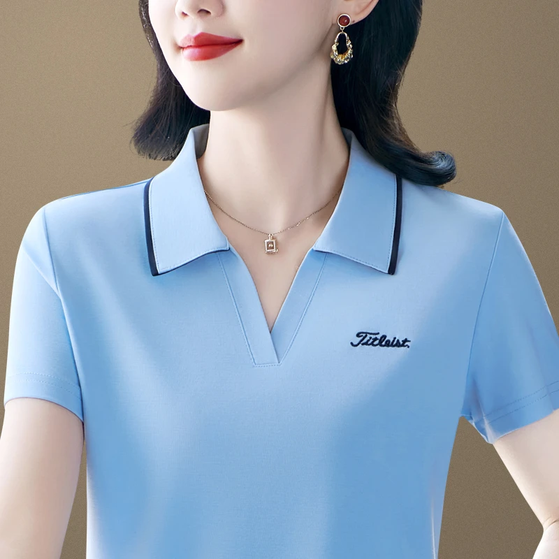 品牌冰丝短袖t恤女夏装2025新款妈妈减龄polo衫百搭显瘦上衣翻领