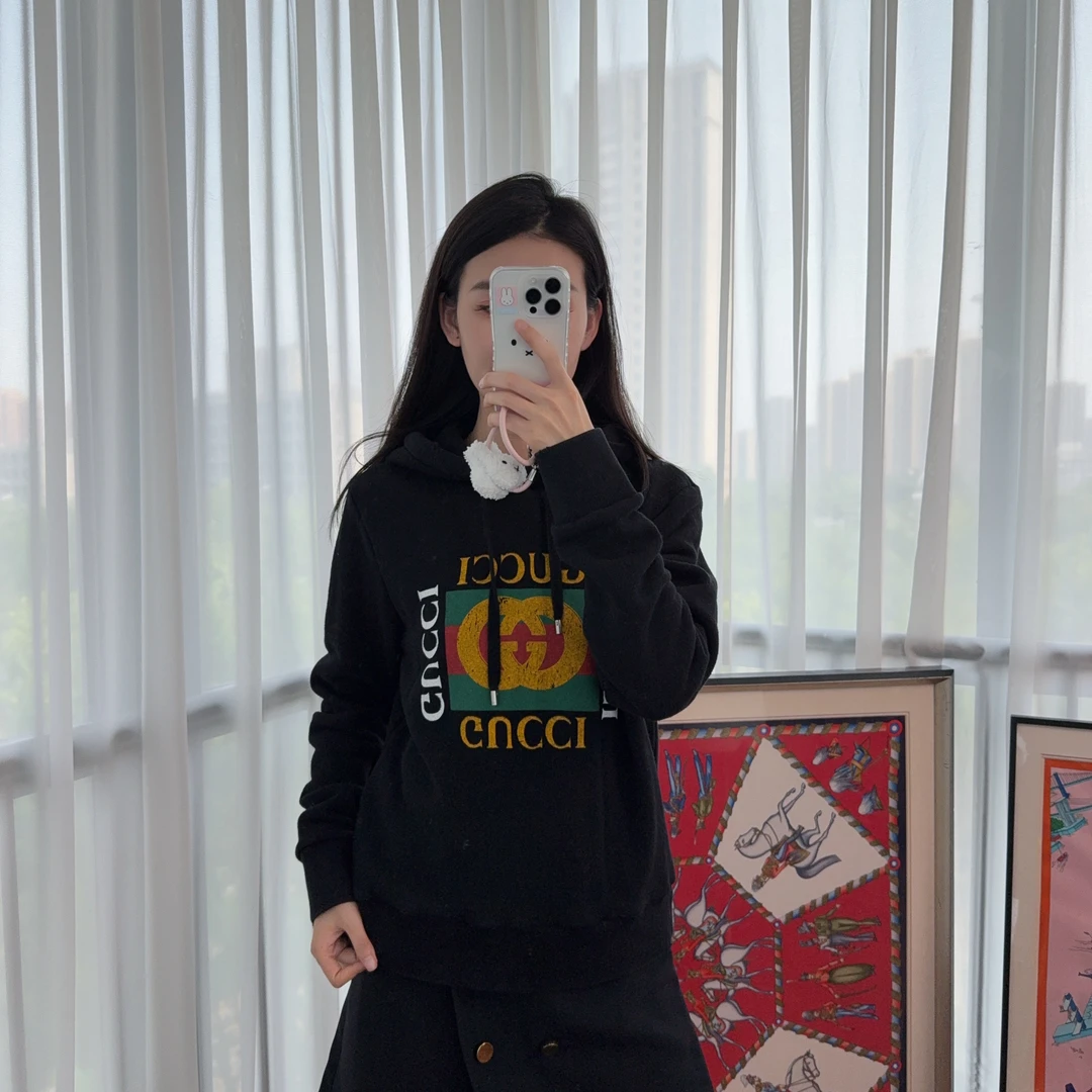 95新 GUCCI/古驰 麦殿/纯棉连帽卫衣XS码黑色/250520VZZ8X25