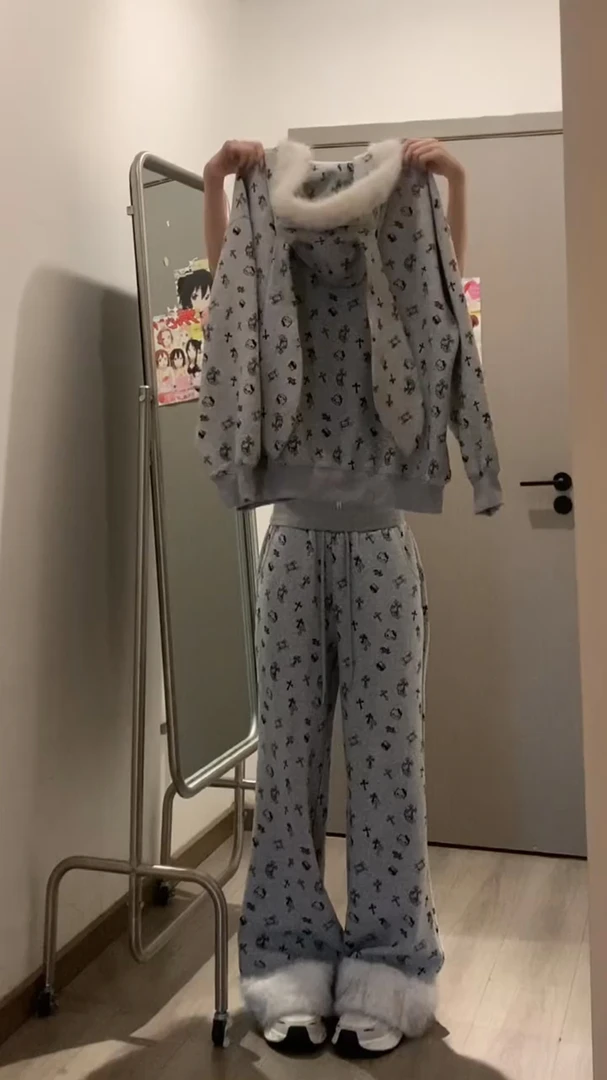 毛绒兔耳朵连帽卫衣套装可外穿家居服睡衣女秋冬新款休闲外套长裤