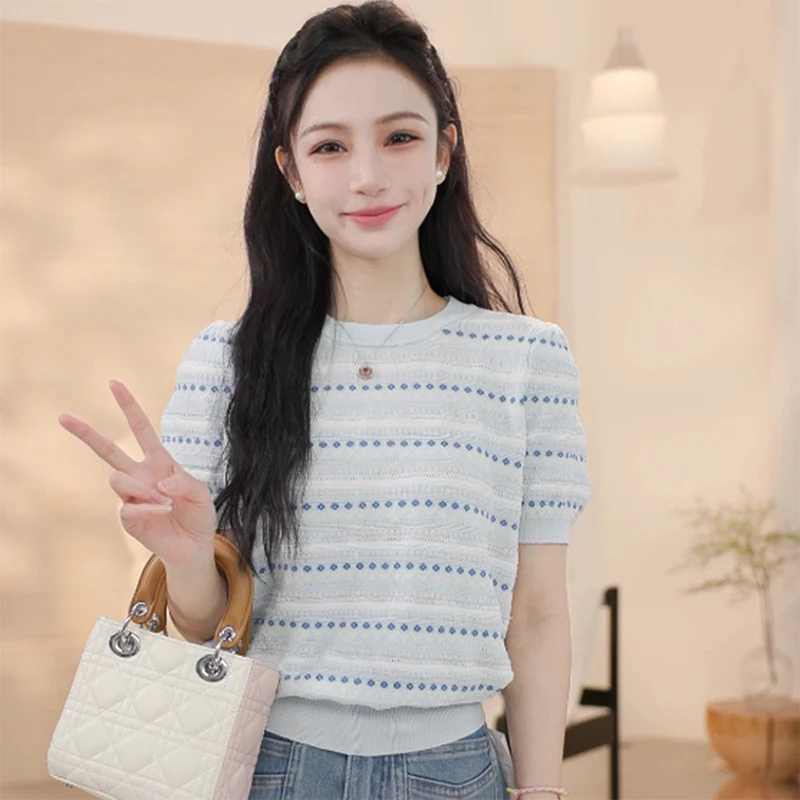 韩版ins针织短袖套头T恤女夏季2025年新款独特别致设计感条纹上衣