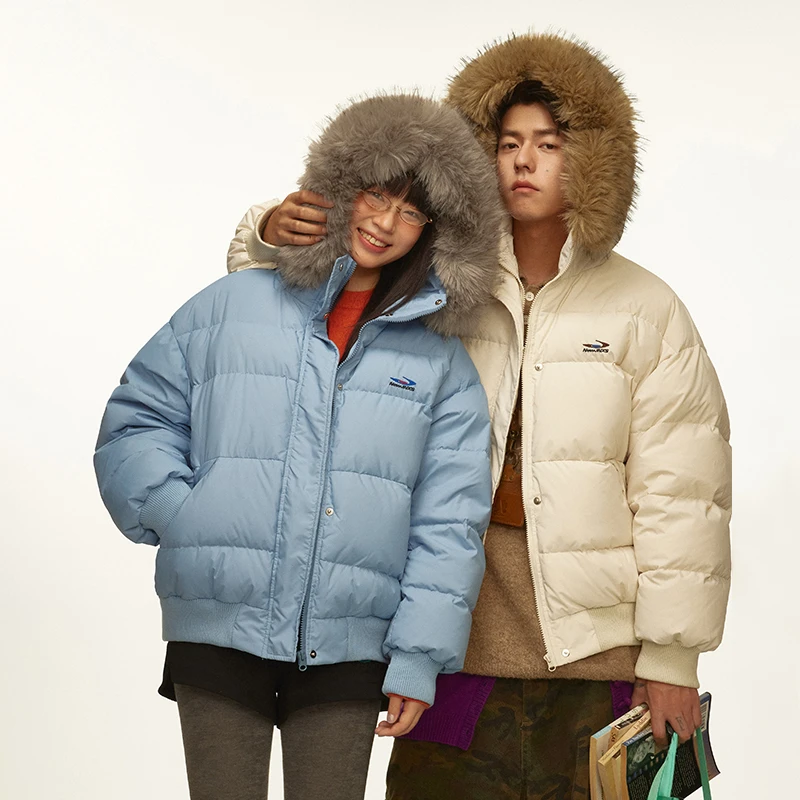 江南先生刺绣可拆毛领鹅绒服秋冬男女情侣保暖加厚面包服jn44b48