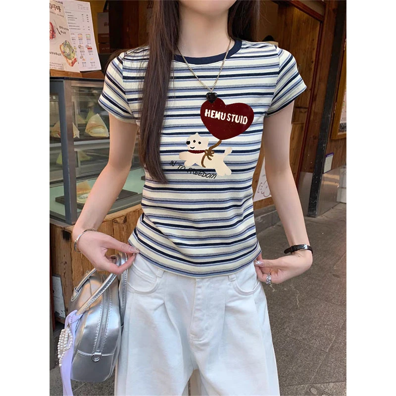 正肩卡通条纹拼色短袖t恤女装时尚百搭洋气减龄上衣夏季2025新款