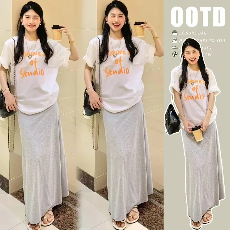 孕妇套装夏装白色时尚气质设计感印花T恤上衣弹力半身裙子中长款