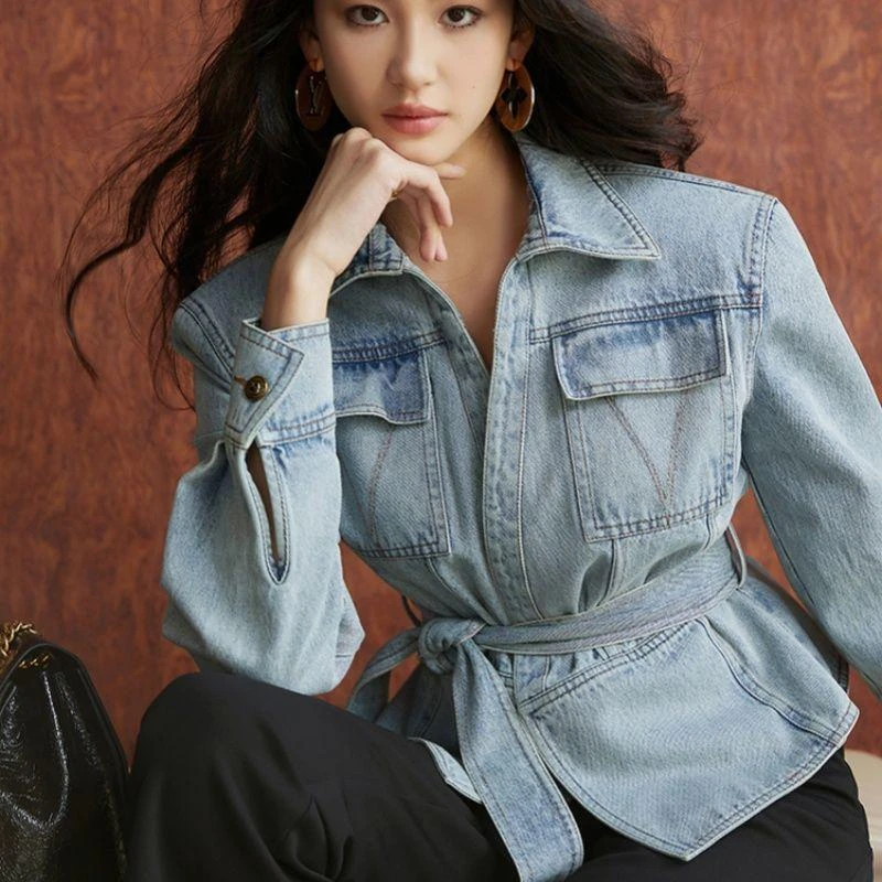 2025春装新款做旧水洗斜纹牛仔可拆卸腰带高腰系带牛仔外套女短款