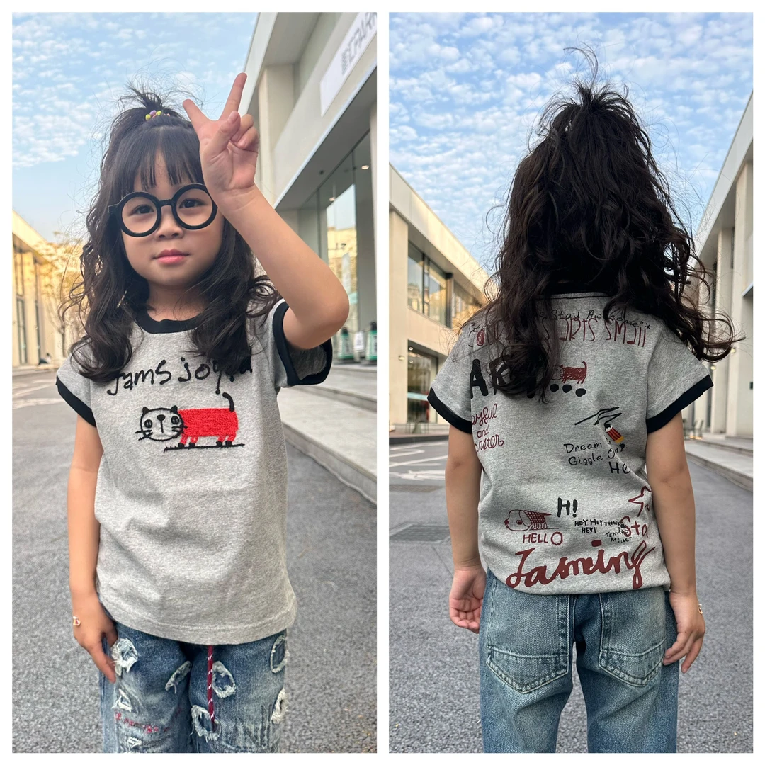 闲闲家 夏季男女宝宝短袖上衣日系儿童卡通可爱小动物印花T恤半袖