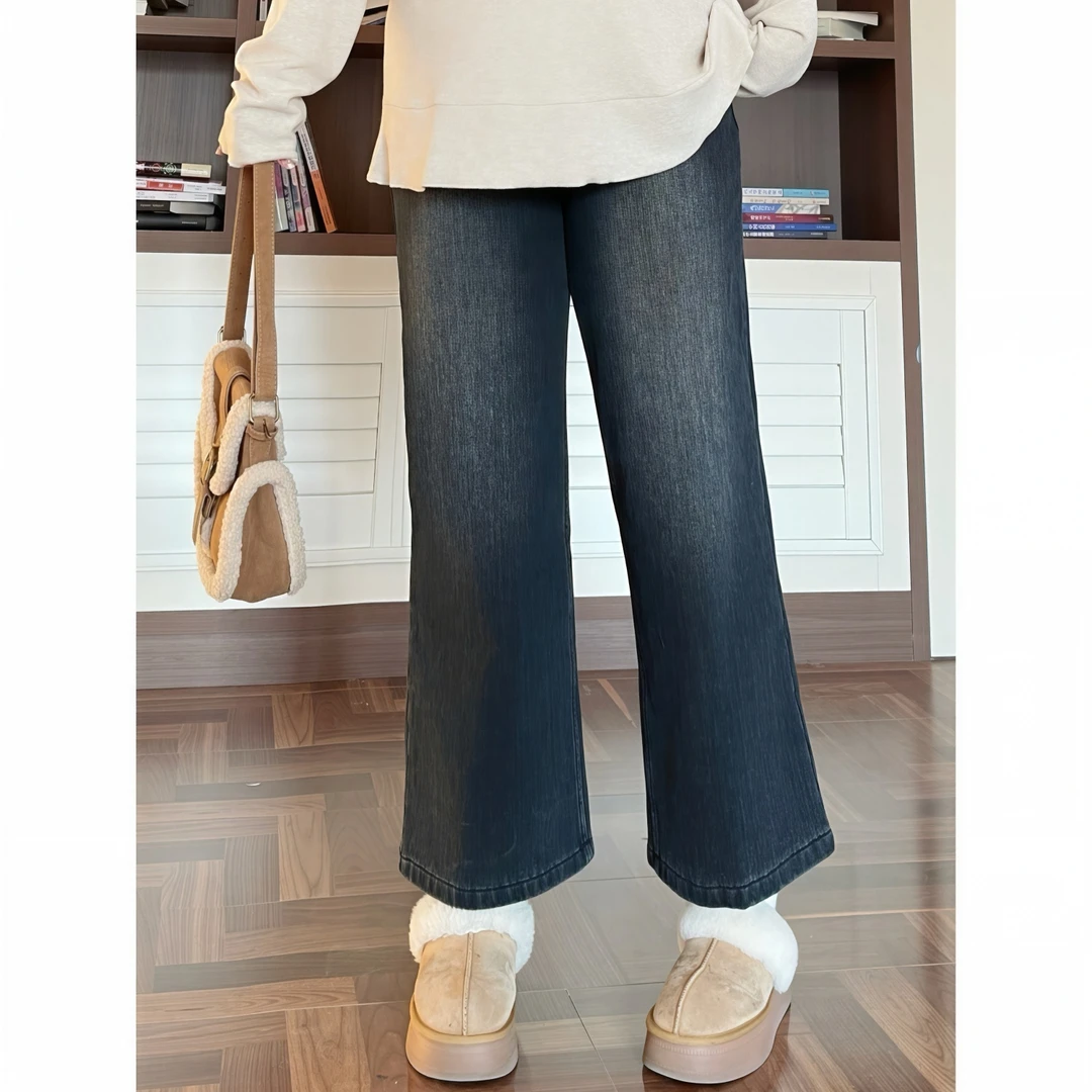 花契“樱奶松饼”大码女装冬季简约200斤胖mm飒爽微喇牛仔裤15150-C