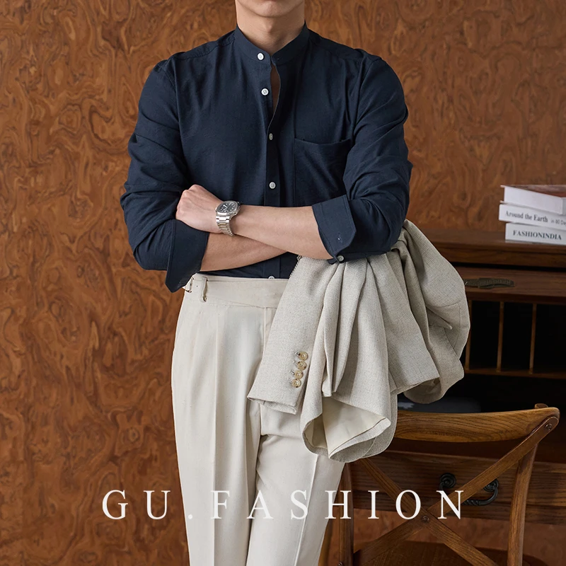 GU FASHION高级感棉质商务休闲立领衬衫男士透气通勤修身长袖衬衣