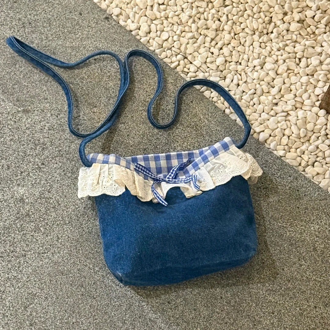 韩系蕾丝花边牛仔单肩斜挎小包外出手拎包大容量复古时尚小众设计