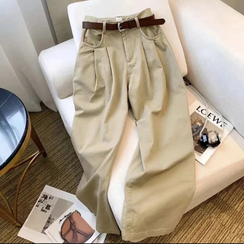 奶咖高腰阔腿牛仔裤女褶皱宽松显瘦垂感休闲拖地