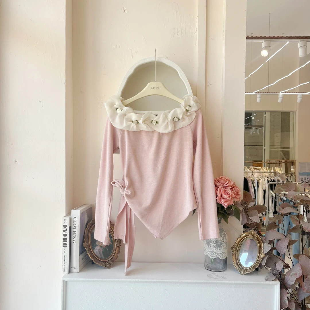 LHTE青青大码女装春季甜美小衫韩版显瘦一字领上衣C2998粉色