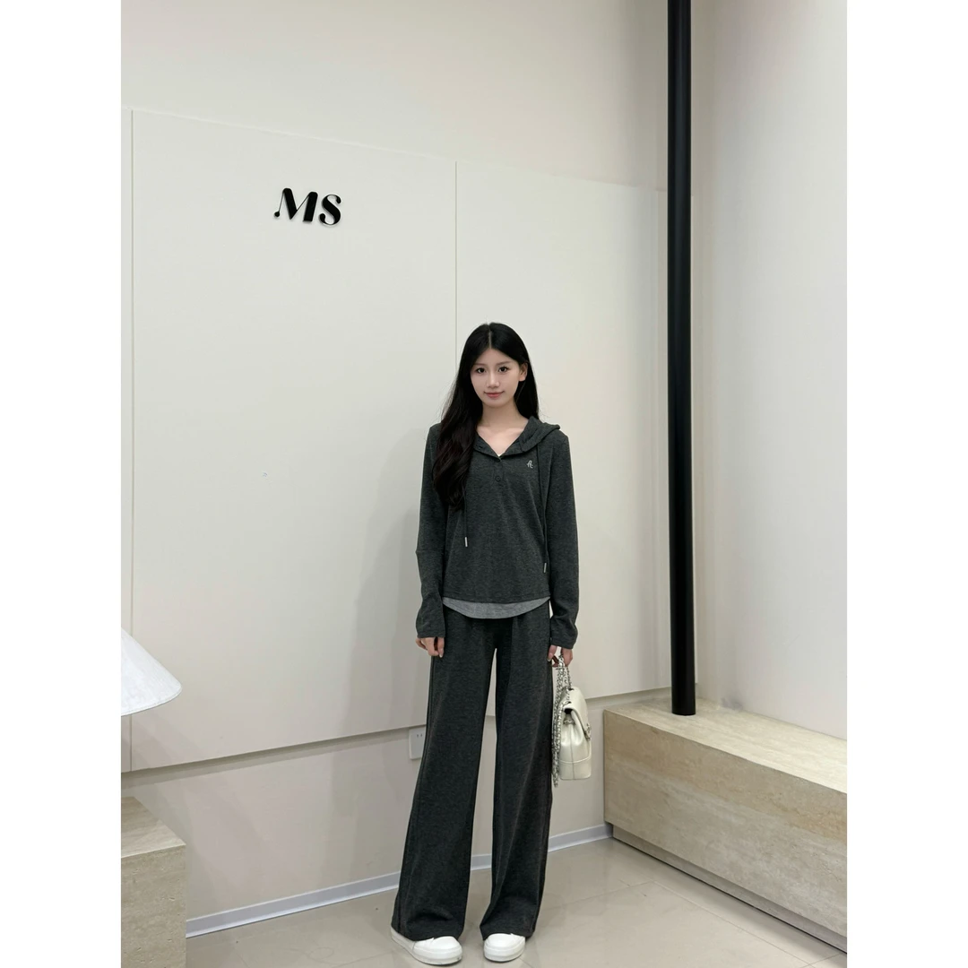 韩系休闲运动套装女时尚连帽拼接长袖上衣阔腿裤两件套2025秋新款