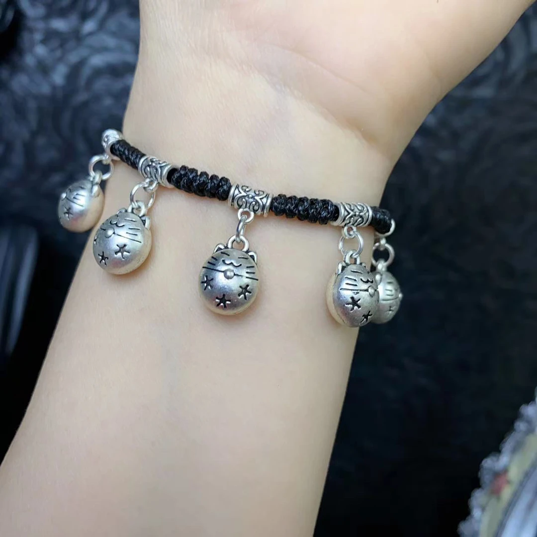 合金手链 民族风黑色手工编织小猫小象鱼算盘如意莲锁情侣脚手链