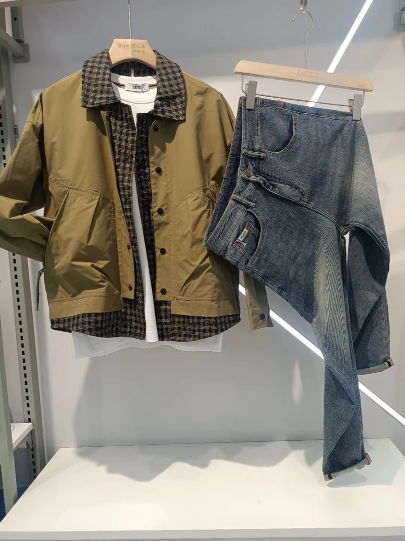 格子长袖直下摆青春活力耐磨夹克休闲潮流拼接套装