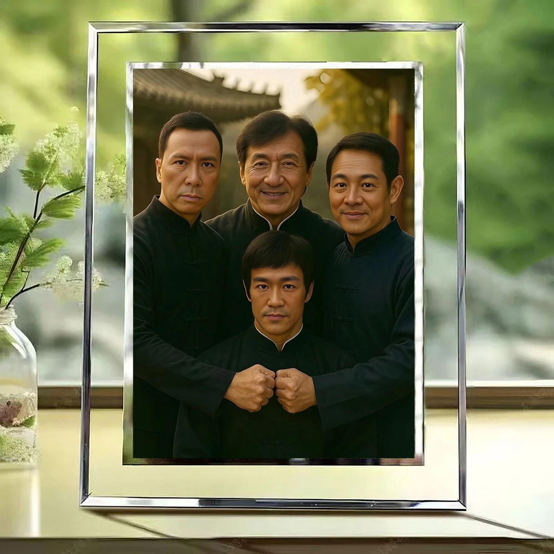 四龙同框功夫国际巨星成龙李小龙李连杰甄子丹玻璃相框桌面摆件