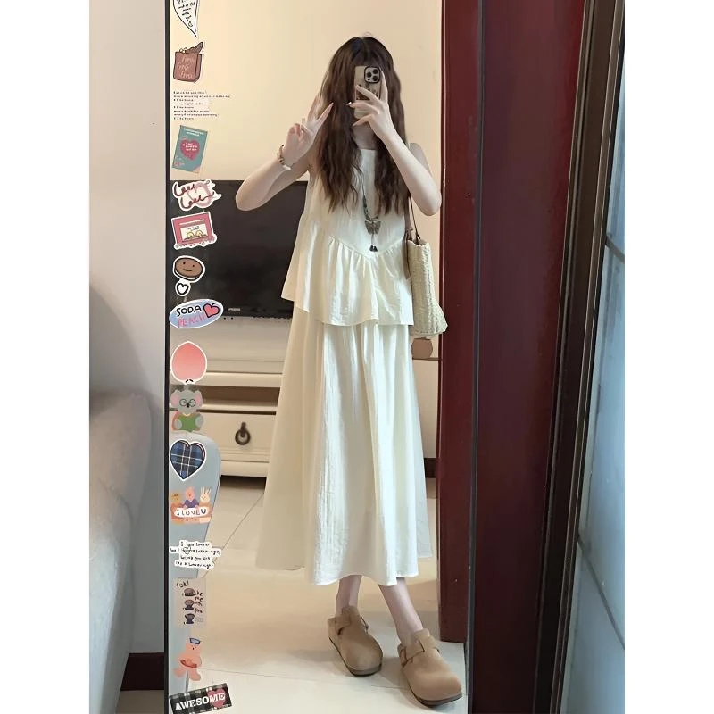 夏季新款显瘦甜美中式假两件圆领无袖背心气质连衣裙时尚套装裙子