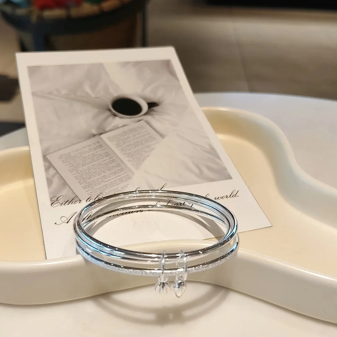 足银手镯 00足银999.9【三生三世两世欢】两亮一闪闭口纯银手镯七夕