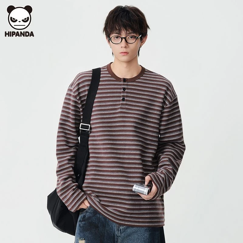 Hi Panda长袖卫衣男装宽松休闲秋季商务文艺通勤百搭条纹打底上衣