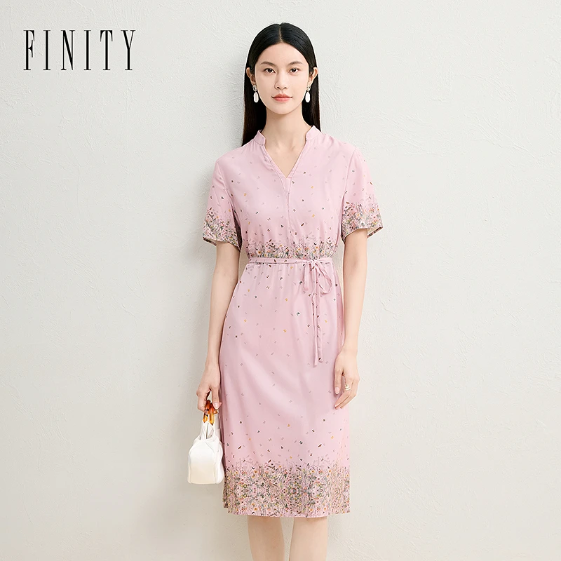 FINITY菲妮迪新款连衣裙碎花显瘦气质时尚夏季收腰中长款印花修身