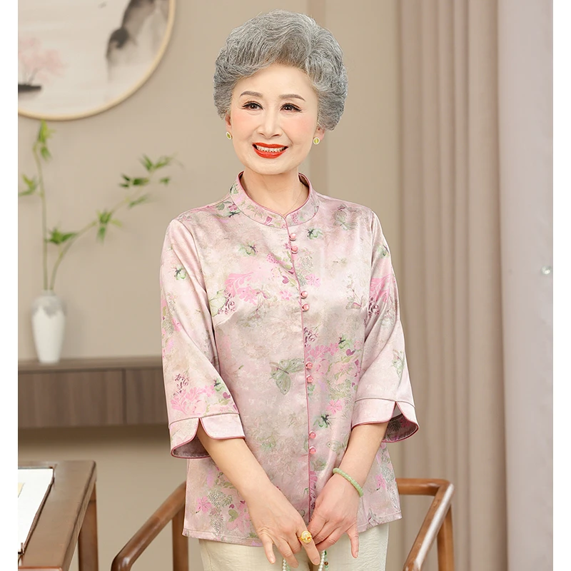奶奶装秋季女新中式国风衬衫中老年人七分袖气质妈妈装秋装新款
