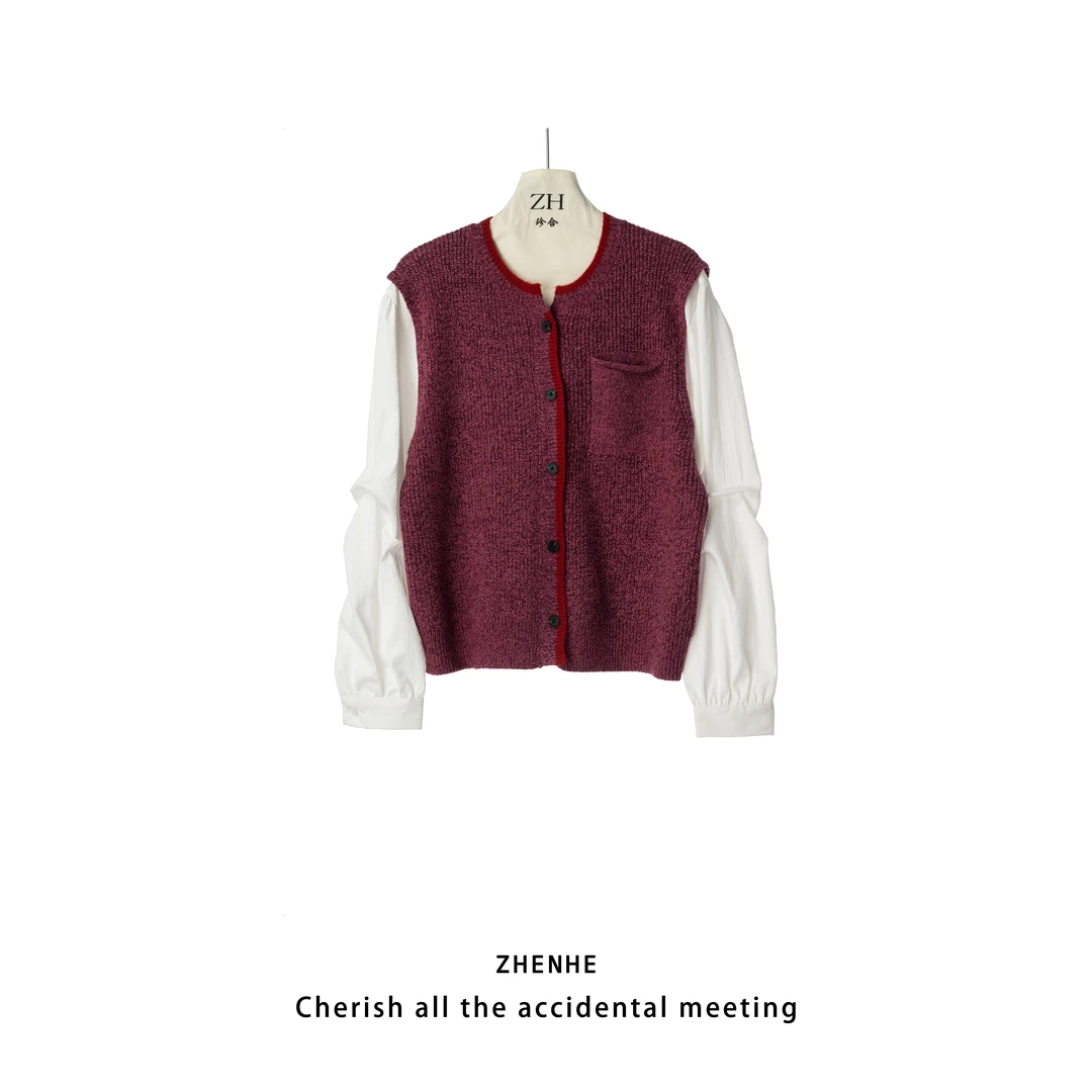 ZH【芝士莓莓】韩版减龄圆领假两件衬衫袖拼接针织衫