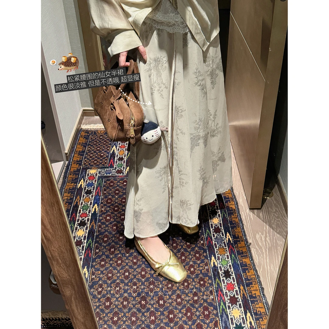 钱美西 新中式绘染花卉剪影 网纱光影水墨画系带双层半裙M02506