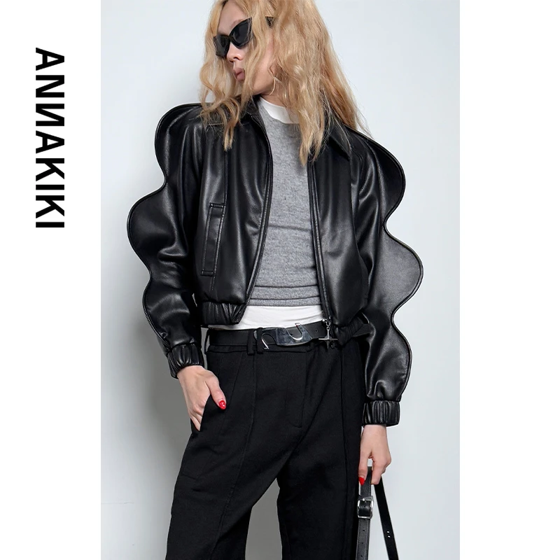 【AUNISEX专属】 ANNAKIKI小众设计3D波浪袖皮衣外套3D4A0614H633