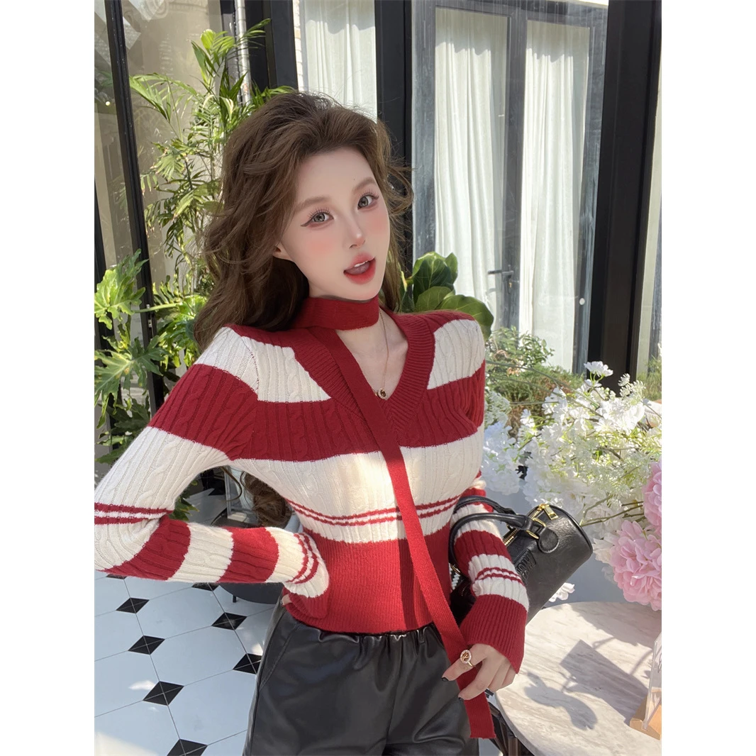 复古撞色条纹V领性感百搭针织毛衣女独特漂亮早秋冬修身长袖上衣