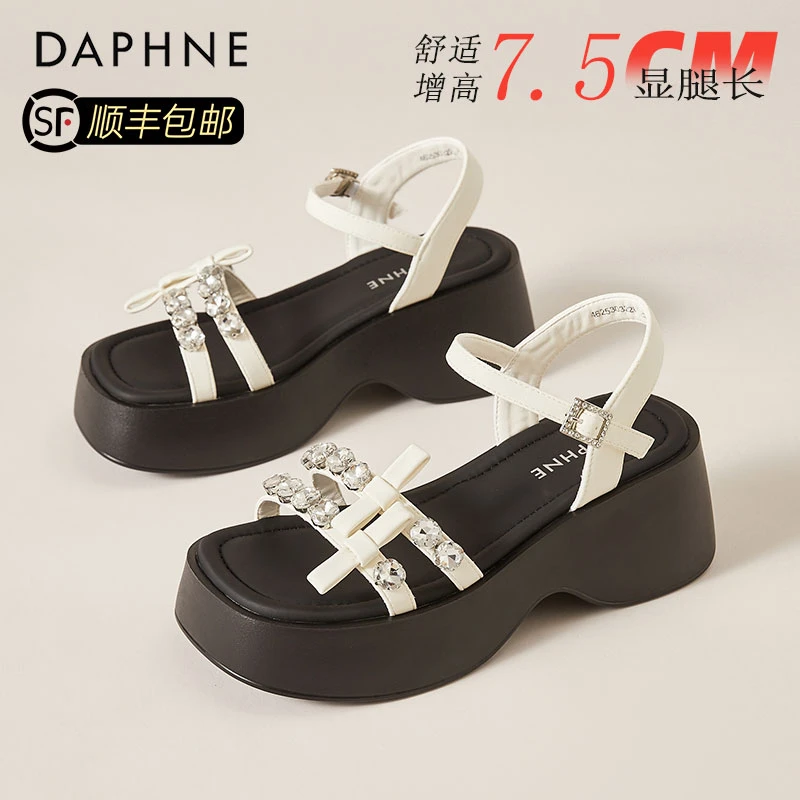 达芙妮蝴蝶结水钻运动凉鞋女夏季新款外穿百搭坡跟一字带沙滩凉鞋