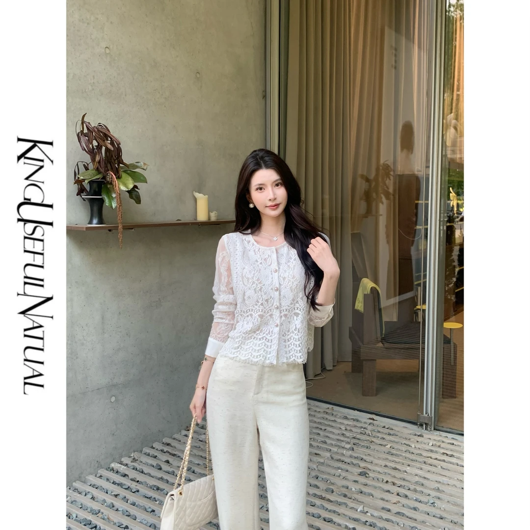 KUN【花涧】唯美简约 精致剪裁镂空刺绣蕾丝珍珠钻扣欧若风防晒上衣
