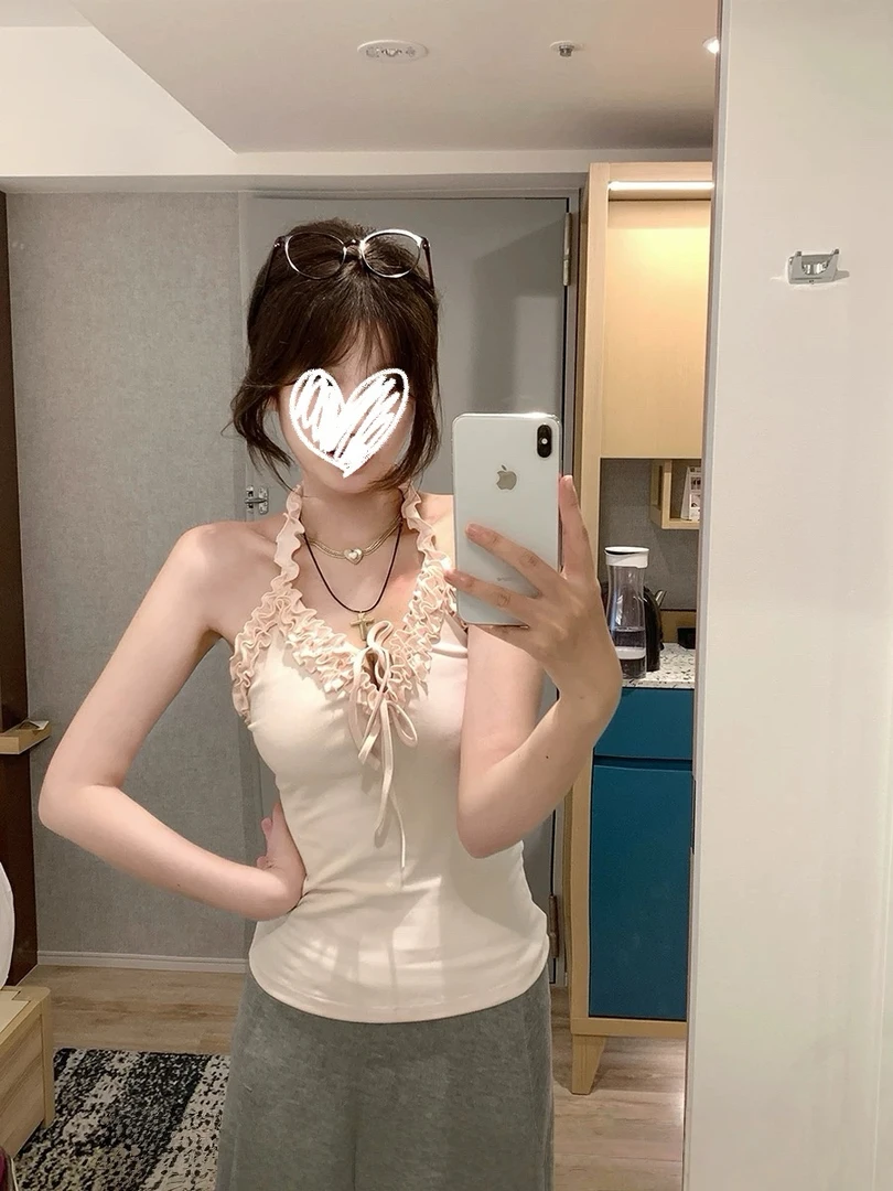木耳边挂脖背心女夏季修身V领辣妹上衣显瘦果冻空气层伞裙6555