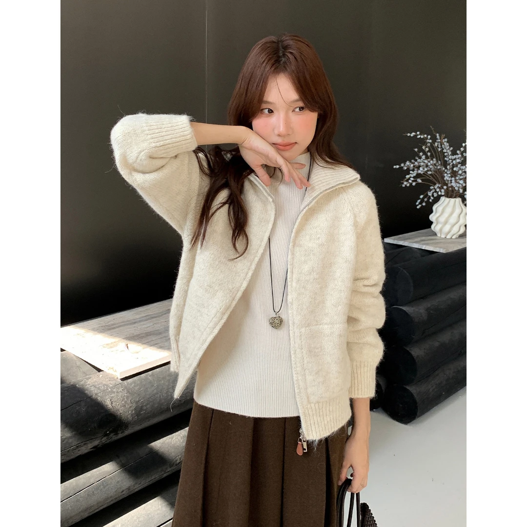 休闲立领拉链加厚款毛衣开衫女秋冬慵懒风女装韩系百搭针织衫外套
