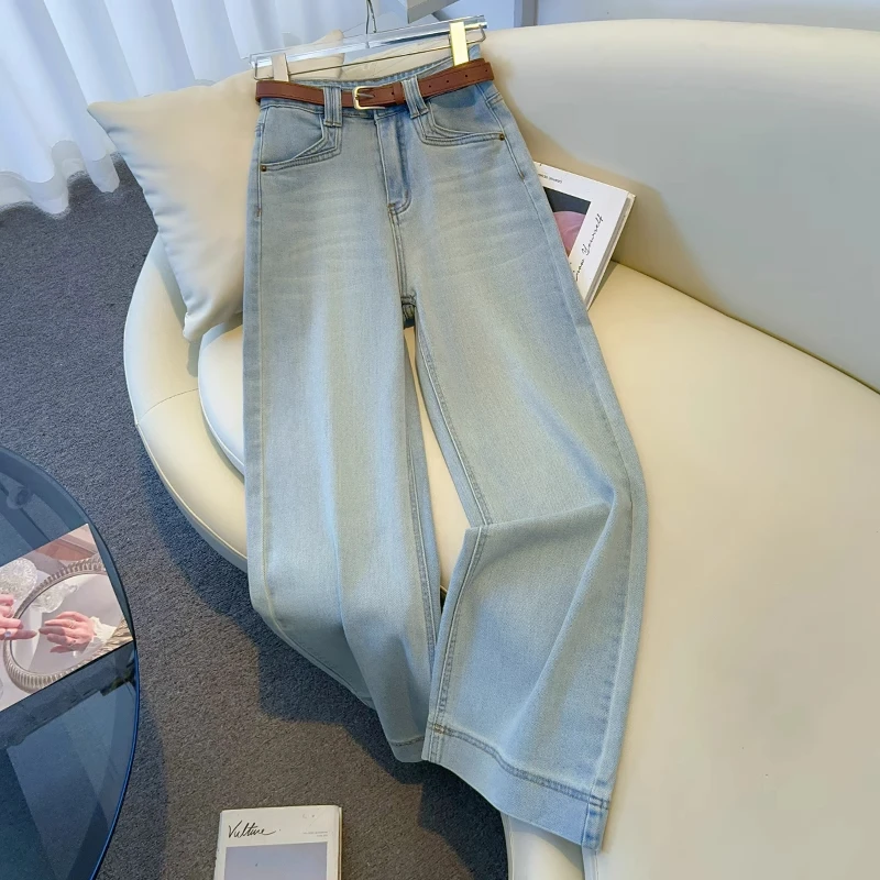 La babite拉贝缇浅色宽松阔腿裤女牛仔裤高腰小个显瘦窄版直筒裤