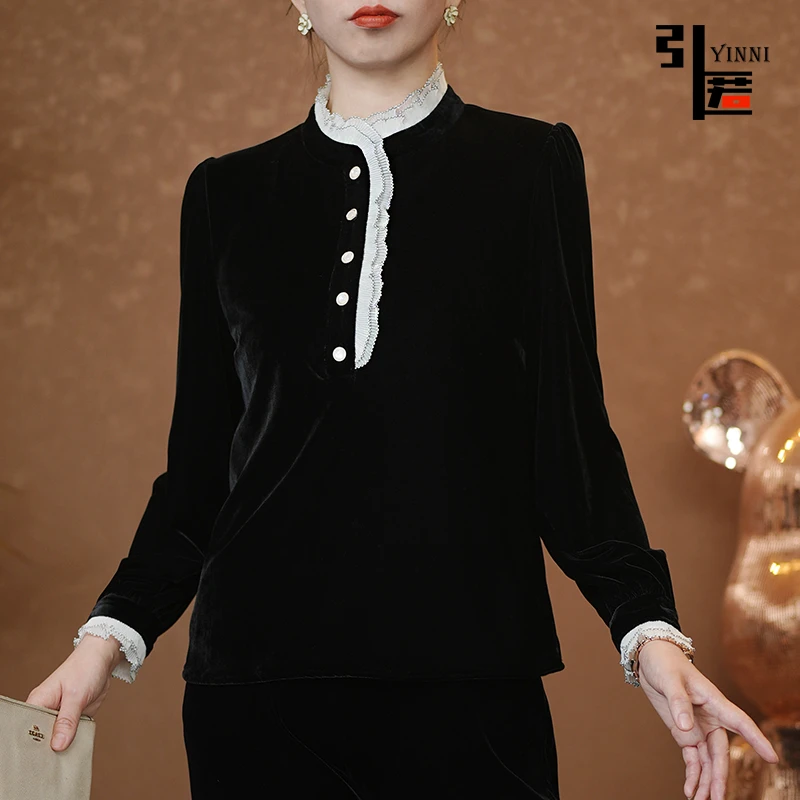 引匿A034定制高阶丝绒法式立领拼接木耳边长袖打底衫2025秋冬