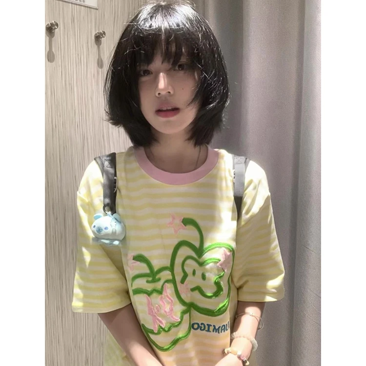 美式复古苹果刺绣条纹短袖女t恤2025新款夏季宽松学院风纯棉上衣