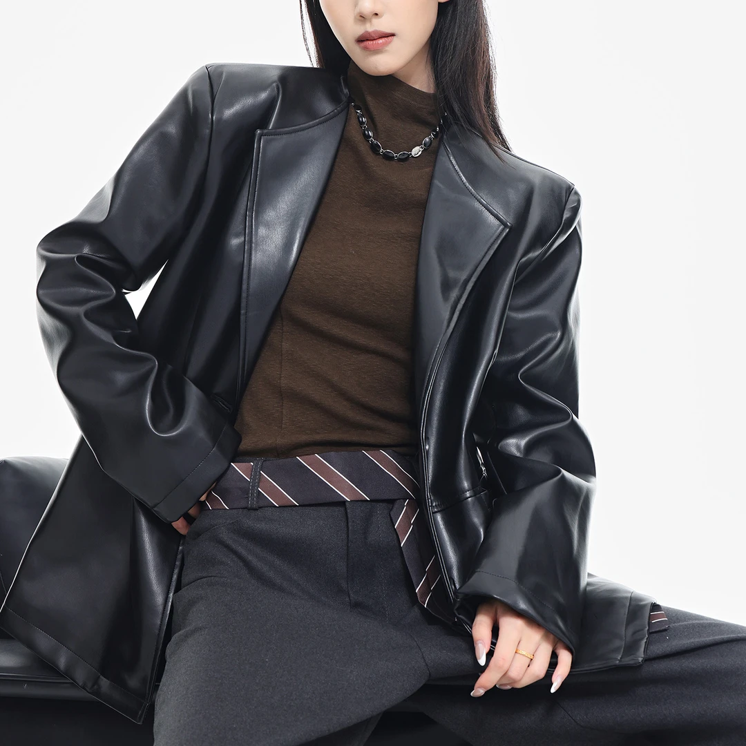 KEN STUDIO秋季新款高级感黑色皮衣女宽松显瘦百搭西装外套上衣潮