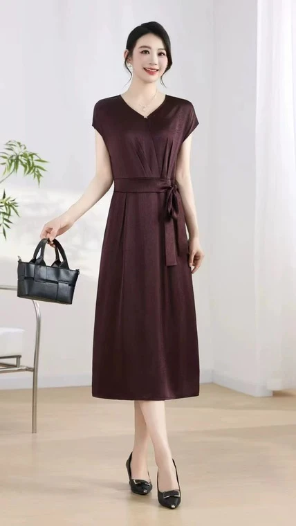 夏季新款气质纯色收腰显瘦遮肚醋酸连衣裙