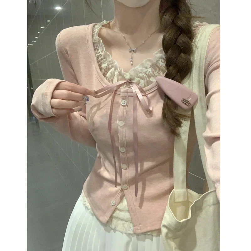 【贝蒂】u领蕾丝蝴蝶结系带假两件t恤女早春纯欲bm风内搭粉色短上