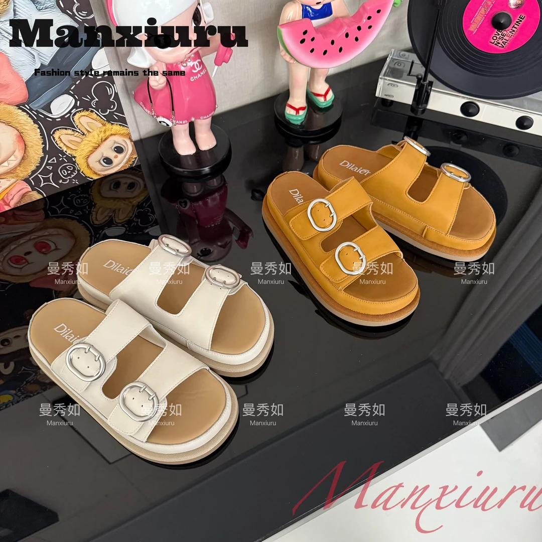 【曼曼】韩版“软软”休闲皮带扣一字拖鞋2025外穿百搭时尚露趾凉拖鞋