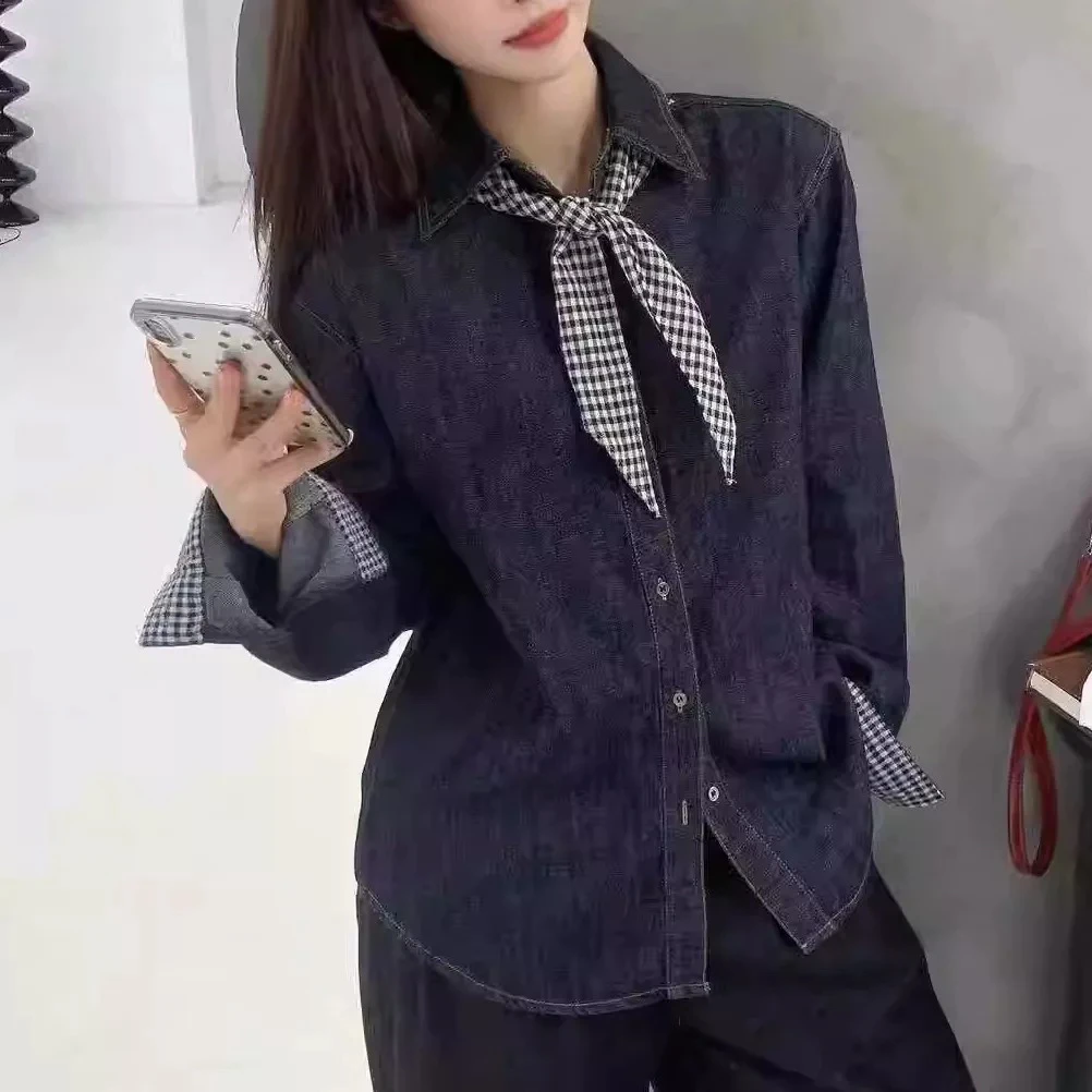 时尚百搭牛仔假两件衣薄款长袖单排扣常规宽松型通勤休闲外套上衣