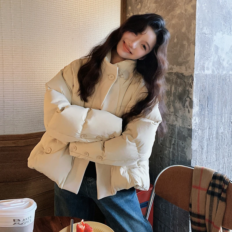 米白色针织拼接短款面包服女2024冬季韩系立领气质保暖小个子棉服